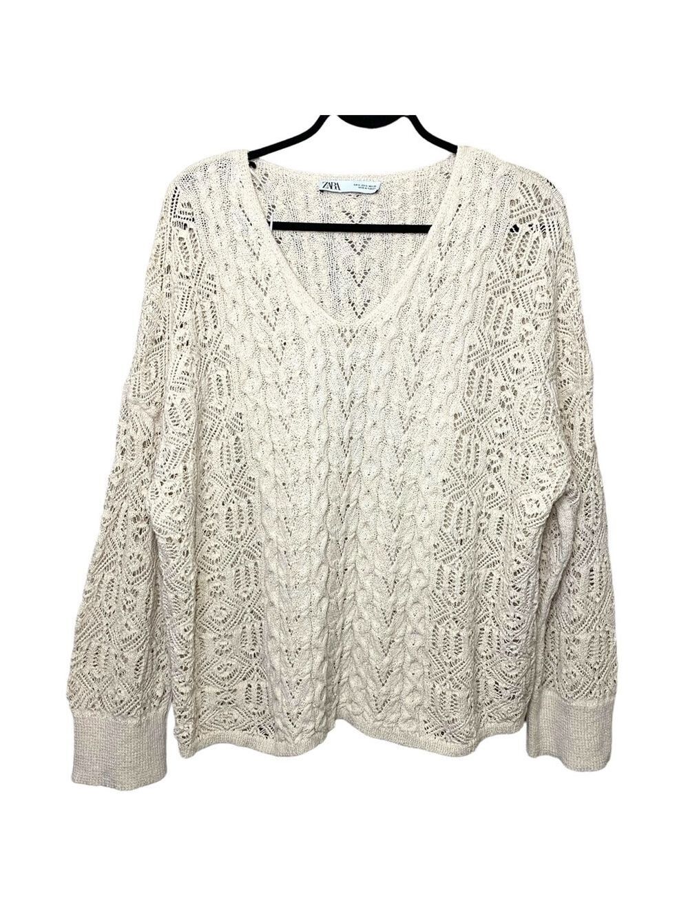 Zara Beige Crochet Cable Knit Sweater Sz S Oversized V Neck Long Sleeve Pullover - Picture 3 of 14